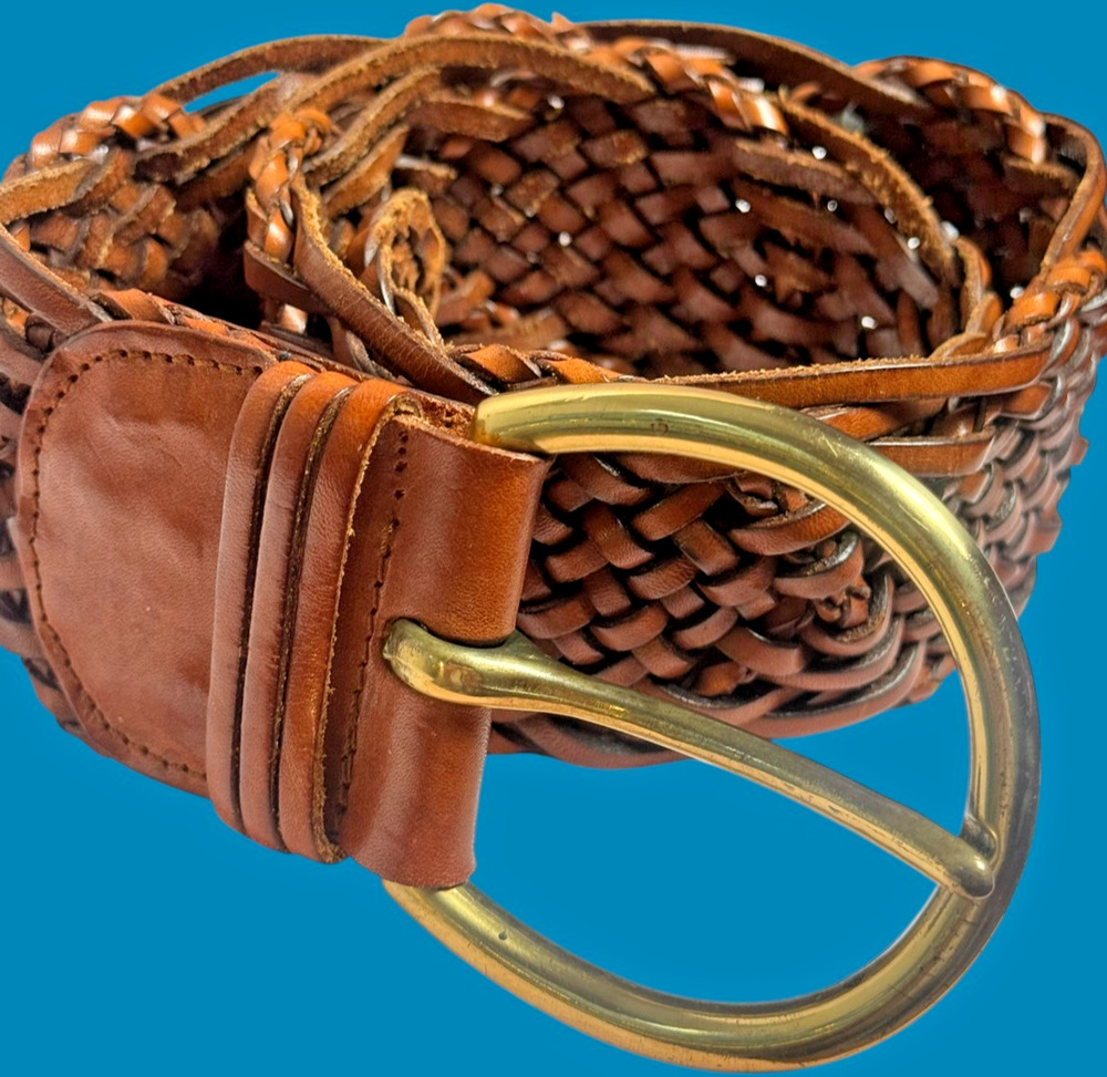Vintage Neiman Marcus Made Italy Woven Leather Belt Wide Boho Brass Buckle S